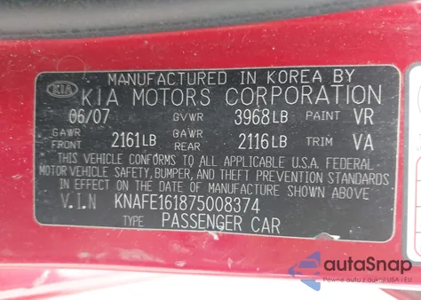 2007 Kia Spectra5 Sx from USA, damaged, VIN KNAFE161875008374